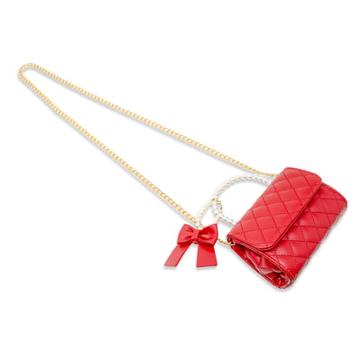 Red Quilted Pearl Handle Bow Ribbon Handbag Preview #2