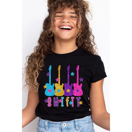 Tomfoolery Toys | Black Sparkly Swifty Guitar Kids Tee
