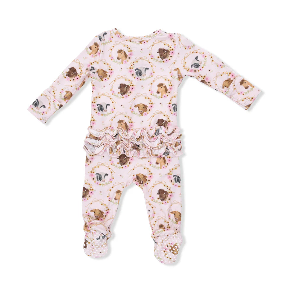 Farm Animals Floral Cameos 2-Way Ruffle Back Zipper Footie Cover