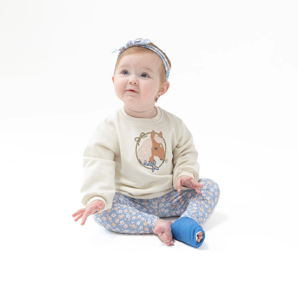 Country Calico Oversized Puff Sleeve French Terry Sweatshirt Cameo Horse Applique Cover