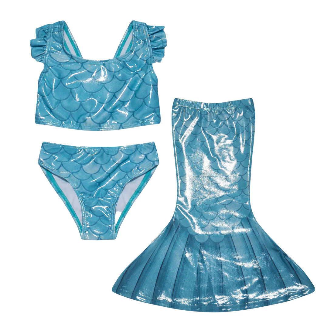 Tomfoolery Toys | 3pc Mermaid Swimsuit w/ruffle-BLUE