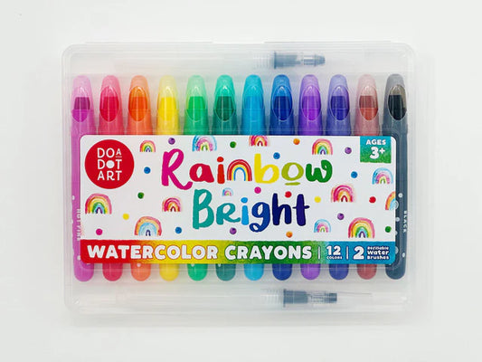 Tomfoolery Toys | Rainbow Bright Watercolor Crayons Set of 12 with 2 Refillable Water Brushes