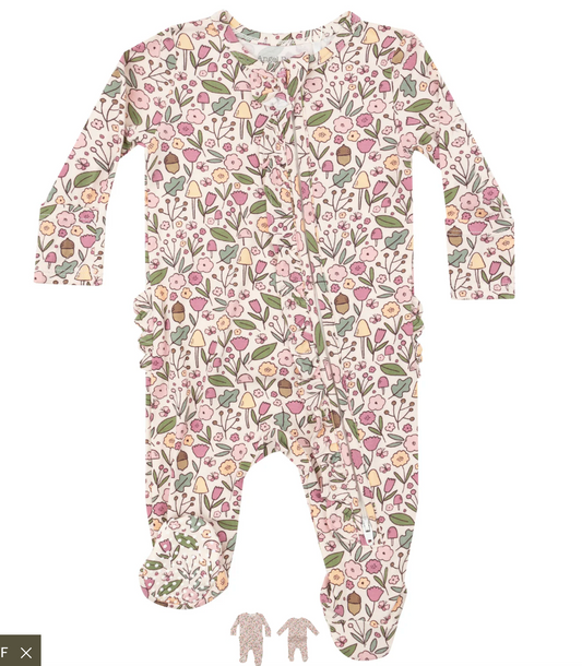 Tomfoolery Toys | Acorn Floral 2-Way Ruffle Zipper Footie