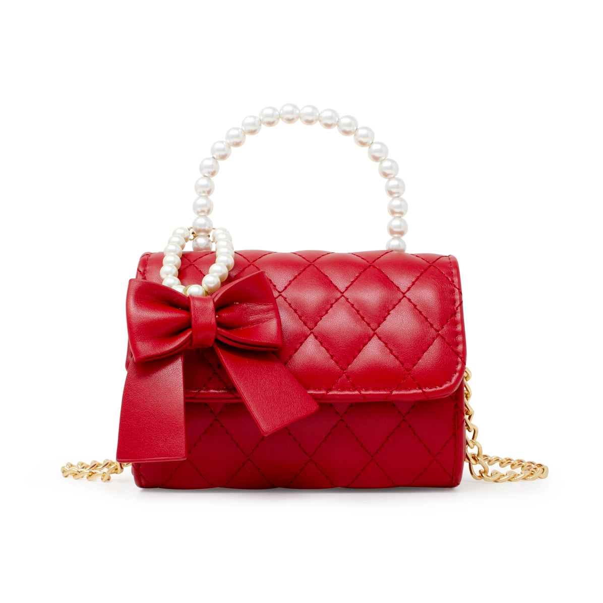Tomfoolery Toys | Red Quilted Pearl Handle Bow Ribbon Handbag