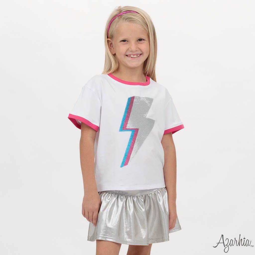 Tomfoolery Toys | Sequin Lightning Bolt White Ringer Boxy T