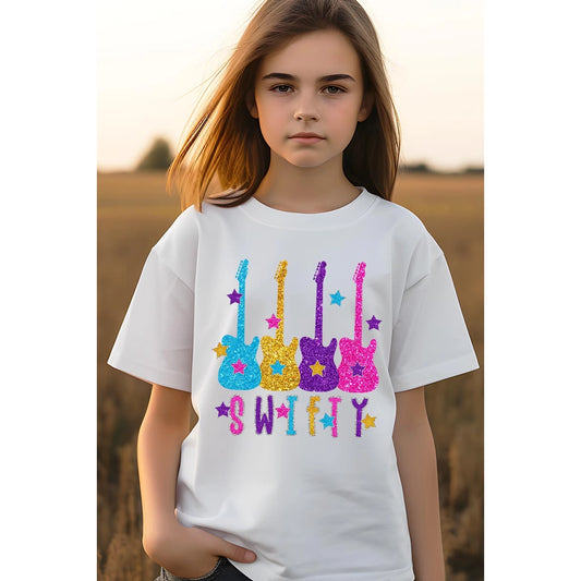 Tomfoolery Toys | White Sparkly Swifty Guitar Kids Tee