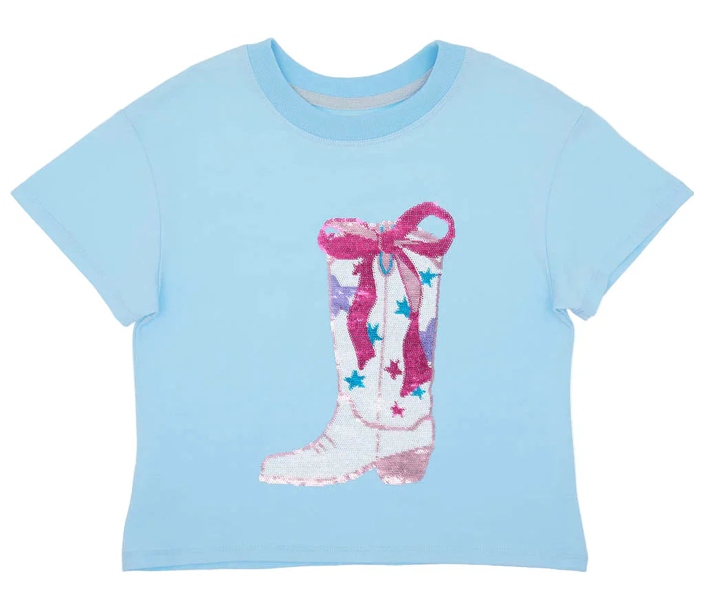 Sequin Rodeo Boot Light Blue Boxy T Cover